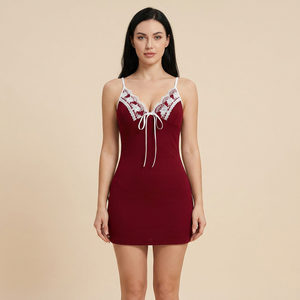 Camicia da Notte Sexy da Donna all'Ingrosso con Bordo in Pizzo, Morbida, Antibatterica, con Spalline Sottili a Costine, Mini Abito da Notte in Poliestere, Loungewear - Product Image 2