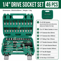 Set Soket Drive 1/4 inci 46 Pcs Perlengkapan Perbaikan Mobil, Soket Bit S2, Soket Metrik, Kunci Ratchet 24 Gigi