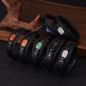 One Man Multi Layer Leather Bracelet Stainless Steel <b>Magnetic</b> <b>Clasp</b> Retro Men's Jewelry Tiger Eye Stone Bracelet - Product Image 1