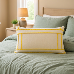 Housse de coussin rectangulaire décorative en lin de qualité supérieure avec passepoil jaune contrastant, détail de bordure, élégant coussin d'appoint - Product Image 5
