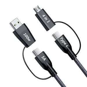 4 en 1 Nylon tressé 100W Super Fast Charging Micro Usb Type C To Usb C Cable with multiple For Android Cell Phone