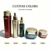 Ensemble d'emballages cosmétiques en verre rouge vide pour soins de la peau : flacon de toner, lotion, sérum, pot de crème pour le visage, logo, taille et couleur personnalisables