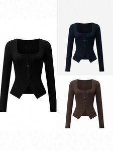 Women's Square Neck Long Sleeve Knit <strong>Top</strong> Spring/Fall/Winter Button-Up Layering Base Layer Y2K <strong>Grunge</strong> Style - Product Image 6