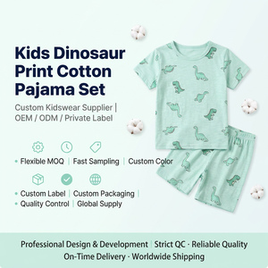Set <span class=keywords><strong>Pigiama</strong></span> Estivo per Ragazzi 100% Cotone Morbido con Stampa Dinosauro Manica Corta 2 Pezzi Top e Pantaloni Taglia Personalizzata OEM Etichetta Privata - Product Image 1
