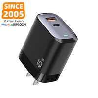 Cargador Rápido de 45W con Doble Puerto Tipo-C PD QC3.0 y Protección OVP/OTP para iPhone, Teléfono y Tableta