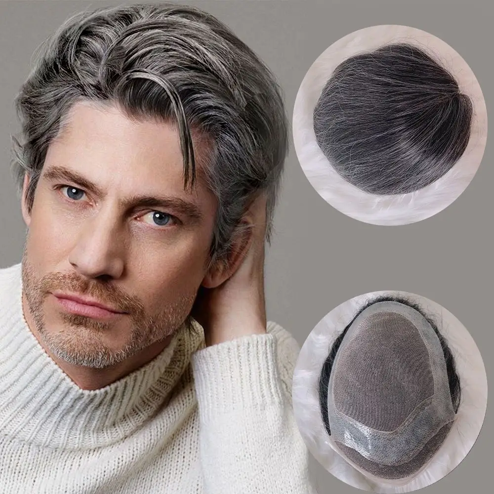 Actory-peluca 100% cabello humano indio auténtico para hombres, tupé de color gris con encaje de piel de PU con base de Hollywood, peluca recta con sistema de peluquín