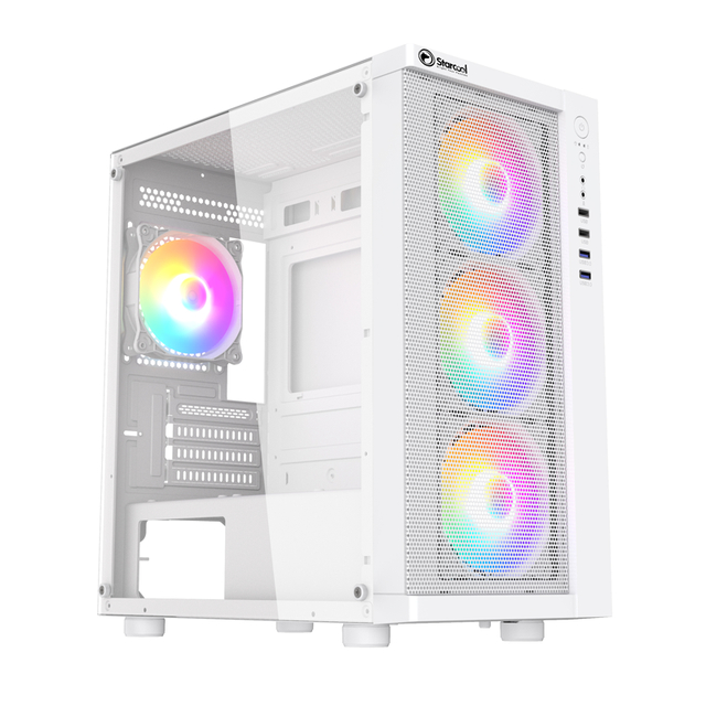 PC Case M-ATX Mid Tower Tempered Glass White Color Horizontal Gaming Computer Case