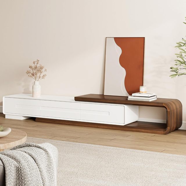 Extendable 81-111 Low Profile TV Stand for 100" TV White Walnut Modern Media Console with Open Storage & Rounded Corners