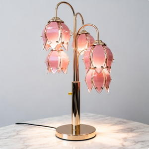 Modern Pink Floral <b>Table</b> <b>Lamp</b> Gold Metal Glass <b>Shade</b> Decorative Bedside Lighting <b>for</b> Bedroom - Product Image 4
