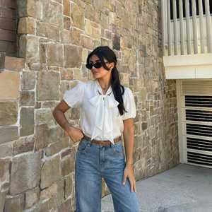 エレガントなオフィスブラウスシャツ無地半袖シフォントップボウタイ春夏ニット生地 - Product Image 2