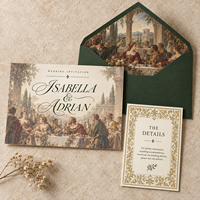 Carte de mariage vintage style Renaissance, peinture à l'huile classique, papeterie de mariage avec enveloppe et carte d'insertion détaillée
