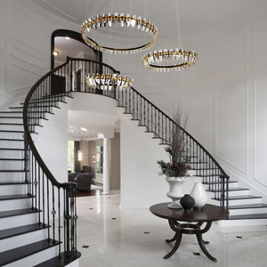 Lustre moderne à trois anneaux en cristal doré, luminaire suspendu LED circulaire pour escalier en colimaçon et hall d'entrée - Product Image 1