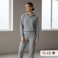 Ensemble de détente côtelé pour femme style londonien personnalisé OEM ODM, pull gris chiné à quart de zip et pantalon de jogging ajusté sans coutures