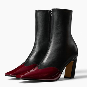 Botines Cortos de Tacón Grueso para Mujer, con Estampado de Leopardo, Punta Cuadrada, Cierre Lateral, Botas de Tobillo, Color Rojo Charol, Combinación de Colores - Product Image 4