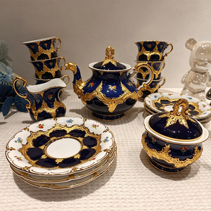 Complete Cobalt Blue Gold Embossed Floral <b>Bone</b> <b>China</b> <b>Dinner</b> Plate <b>Set</b> Teapot Cups Sugar Creamer Baroque Style Eco-Friendly - Product Image 4