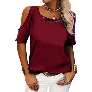 Moda Casual Europa América Verano Mujer Color sólido Manga corta Hombro desnudo Top <span class=keywords><strong>Camiseta</strong></span> suelta Top de gran tamaño - Product Image 6