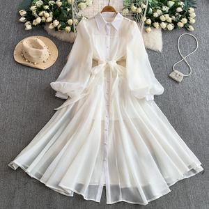 Abito Lungo da Donna Autunno 2025, Stile <span class=keywords><strong>Palazzo</strong></span>, Colletto a Risvolto, Monopetto, con Cintura in Vita e Maniche a Lanterna - Product Image 4