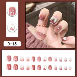 กดเล็บปลอมด้วยกาวติดเล็บปลอม24ชิ้นแบบฝรั่งเศสสีแดงกุหลาบน่ารัก - Product Image 4