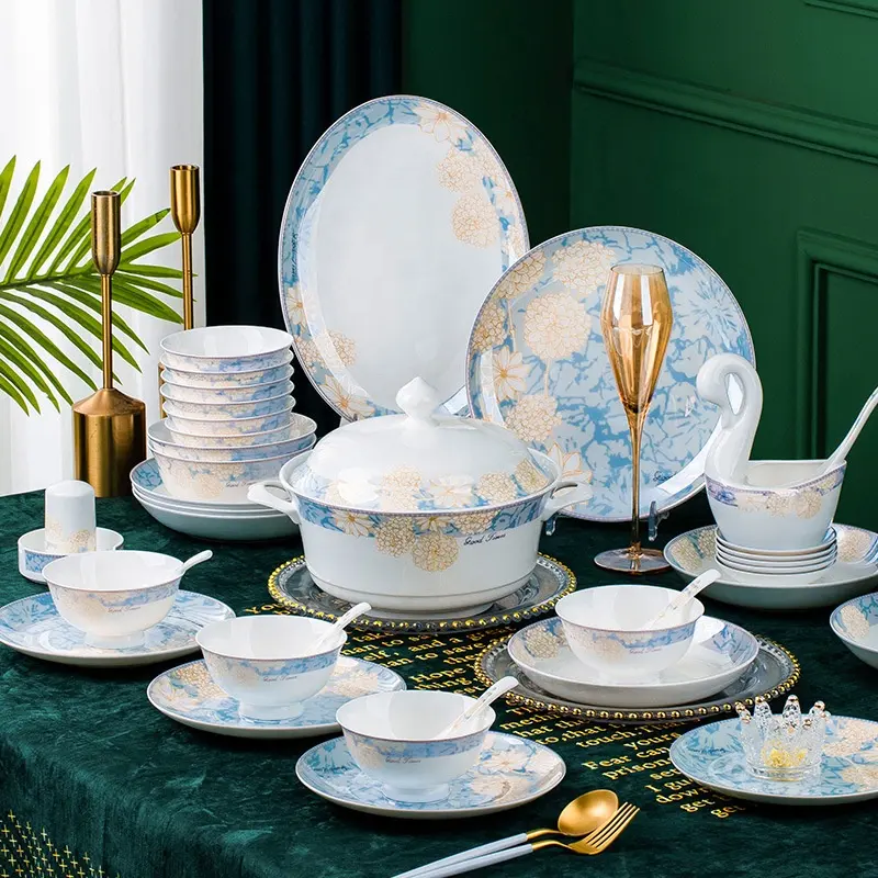 Fine bone china jantar dinnerware conjuntos luxo cerâmica porcelana talheres sopa fundo prato tigela presente conjunto