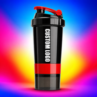 Bouteille shaker protéinée multicolores 3 couches de 500 ml avec compartiment à poudre et boîte à pilules, couvercle à clapet sans BPA
