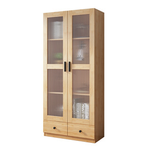 Hang Qian <b>Solid</b> <b>Wood</b> <b>Bookcase</b> AT12 Floor Standing With Glass Doors Storage Cabinet For Books Display Nordic Style - Product Image 4