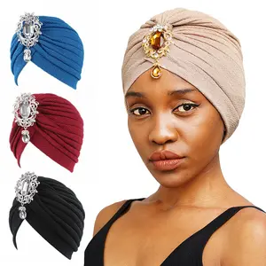 Women's Long Floral Turban Hat Glitter Pleated Stretch Head Wraps Ruffled Chemo Cap Featuring Hand Drawn Print Brooch Pendant