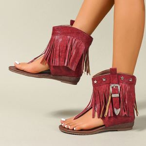 Sandalias Planas con Borlas y Punta Abierta para Mujer, Tallas Grandes, Estilo Romano Occidental, Suela Suave, Ligeras, Combinables con Todo, para Uso Diario - Product Image 1