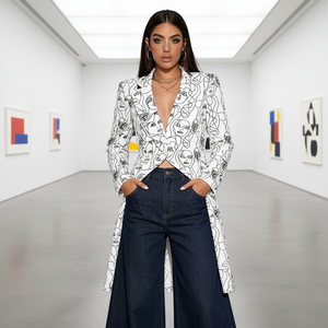 Blazer à imprimé abstrait personnalisé avec revers cranté, manches longues, vêtement décontracté pour femmes, coupe ample, vêtement de bureau - Product Image 1