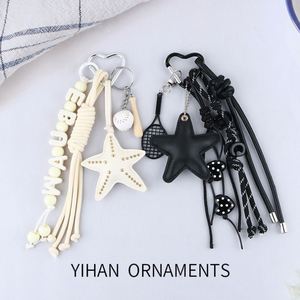 Creative DIY <b>Personalized</b> Starfish Tassel Letter Bead Leather <b>Keychain</b> Black and White Dual Color Car Bag Pendant - Product Image 2
