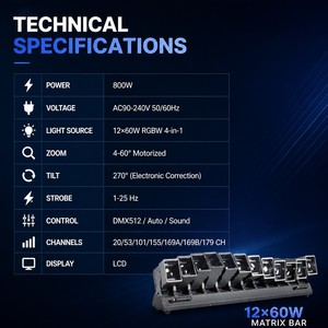 Luz de matriz LED RGBW de 12x60W con zoom, control de píxeles, haz de luz, efecto wash y spot, DMX512, CRI 90, para escenarios, discotecas y clubes. - Product Image 5
