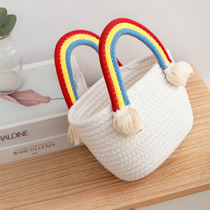 Bolso de Mano Arcoíris con Paja y Cuerda de Algodón, Cesta Hecha a Mano 2022, Bolso de Playa con Borlas - Product Image 3