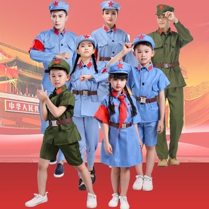 Costume militaire pour enfants, uniformes de l'armée rouge, vêtements de scène en coton pour la danse et le chœur, manches courtes vertes et bleues - Product Image 1