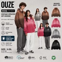 Sweat à capuche zippé pour homme 450 g/m² ultra lourd, teint par pulvérisation, style streetwear américain rétro, effet délavé et vieilli, personnalisable