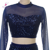 20508 Costume de danse lyrique bleu marine en spandex à sequins avec pantalon, robe de ballet, tenue de scène