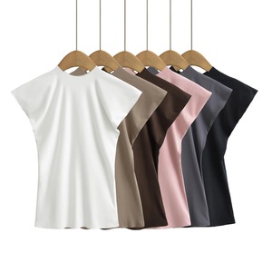 T-shirt da donna minimalista a maniche corte con bordo, traspirante, tinta unita, vestibilità slim, girocollo, Primavera Estate 2026 - Product Image 2