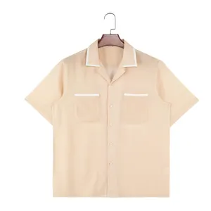 Custom Embroidery Logo Shirt Contrast Trim Designer Short Sleeve Camp Cuban Collar Button Up Shirt With 2 Pocket