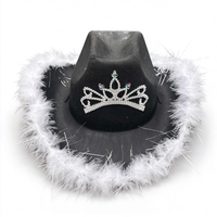 Chapeau de cowboy glamour à bord large avec garniture en plumes et couronne en strass pour femme, idéal pour enterrement de vie de jeune fille, carnaval, scène, festival, défilé