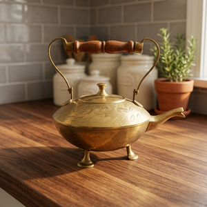 Vintage Brass Tea Pot With Wooden Handle And Engraved Floral Design Water Pots & <b>Kettles</b> - Product Image 5