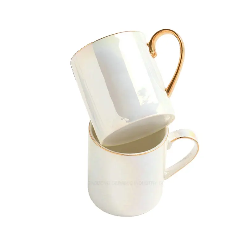 11Oz Witte Parel Glazuur Keramische Mok Fine Bone China Koffie Kop Met Gouden Lijn En Handvat