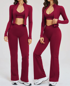 Conjunto Deportivo de 6 Piezas para Mujer, Color Sólido, para Gimnasio y Yoga, con Sujetador Sexy, Chaqueta con Cremallera de Manga Larga, Transpirable, de Spandex/Nailon - Product Image 1