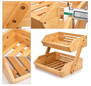 Panier à fruits en bois à 2 étages, pour la cuisine, le comptoir, le support de stockage des légumes, grand panier à fruits en bambou, vente en gros - Product Image 4