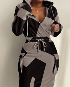 Robe de soirée moulante à col en V profond pour femmes, imprimé rétro, cordon personnalisé, tenue de bureau décontractée - Product Image 2