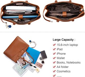 Sac fourre-tout pour ordinateur portable en <span class=keywords><strong>cuir</strong></span> PU imperméable de 15.6 pouces pour femmes mallette de travail de bureau avec étui en tissu PC fermeture à glissière marron - Product Image 4