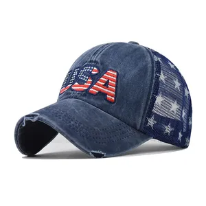 قبعة مخصصة تقليدية لسائقي الشاحنات مزخرفة بعلم الولايات المتحدة الأمريكية قبعة بيسبول رجالية مريحة من القماش الشبكي مصغرة للرجال