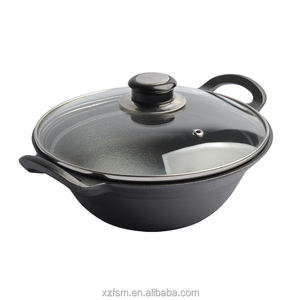 Juegos de <span class=keywords><strong>Wok</strong></span> Chinos de Buena Calidad, Utensilios de Cocina Redondos de Hierro Fundido con Tapa de Madera - Product Image 1