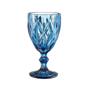 卸売ガラス製品色ゴブレットワイングラス水ガラスプレスブルーガラスゴブレット