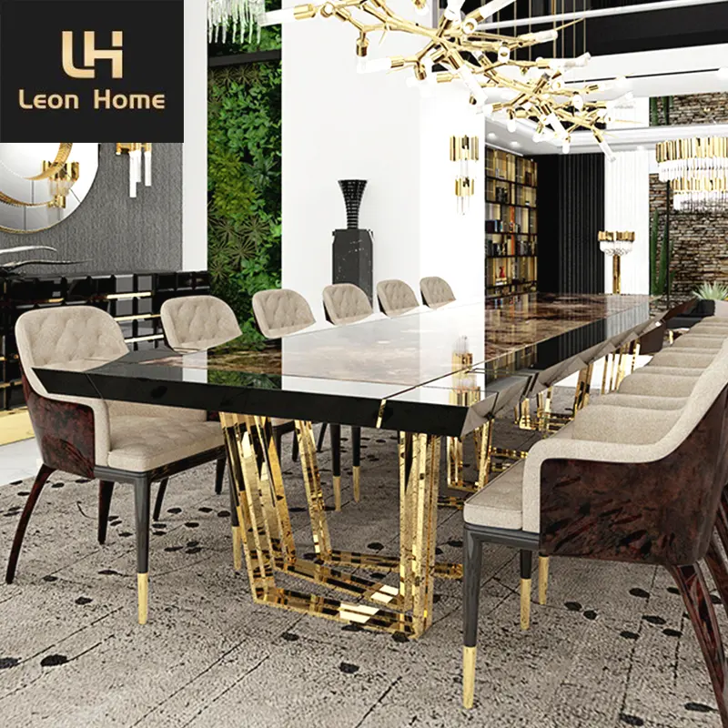 우아한 디자인 황금 스테인리스 다리 이탈리아 호화스러운 대리석 정상 12 seater 식탁 세트 현대 식당 가구