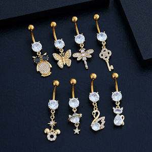 Vente en gros <span class=keywords><strong>de</strong></span> barres <span class=keywords><strong>de</strong></span> nombril pour filles, avec pendentifs clés et motifs d'animaux <span class=keywords><strong>de</strong></span> dessin animé mignons (libellule, papillon, cygne, chat, hibou), ornées <span class=keywords><strong>de</strong></span> strass - Product Image 5