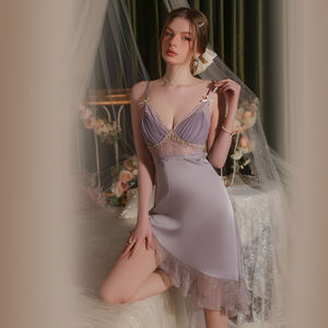 Pijama de alta calidad con bordado, camisón sexy de encaje hueco con almohadillas en el pecho, vestido de noche largo de satén de seda - Product Image 2