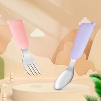 Ensemble cuillère et fourchette de sevrage pour bébé personnalisé, sans BPA, non toxique, avec poignée en silicone en forme d'ours, couleur personnalisée, acier inoxydable 316L